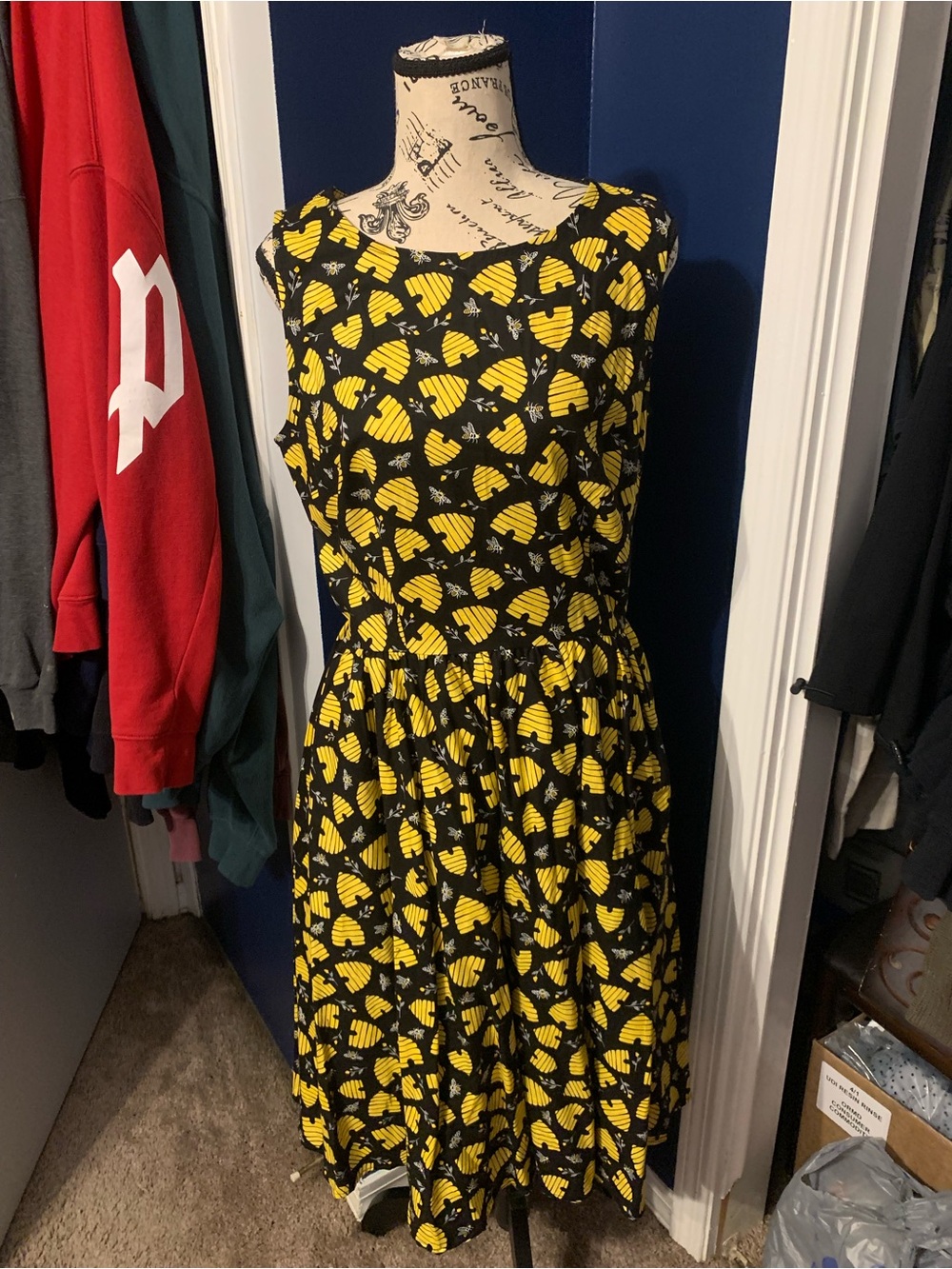 Retrolicious Black Dress with Yellow Beehive Print Midi